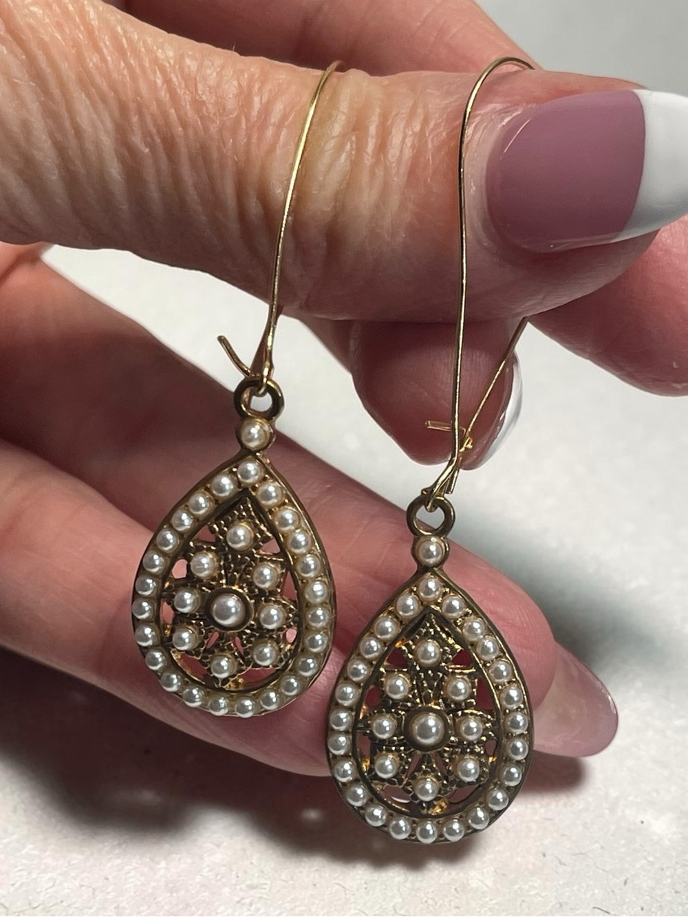 Gold Tone Faux Pearl Ornate Teardrop Dangle Earrings